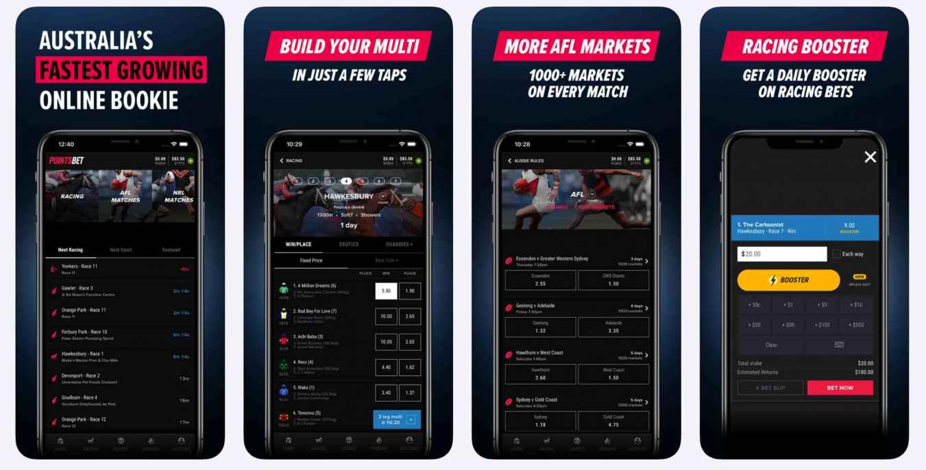 Detailed view of the Pointsbet app layout on a smartphone screen.
